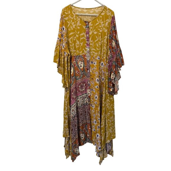 Boho Patchwork Midi Dress Womens 2XL Floral Paisley Handkerchief Hem Flowy Summe - Picture 1 of 14